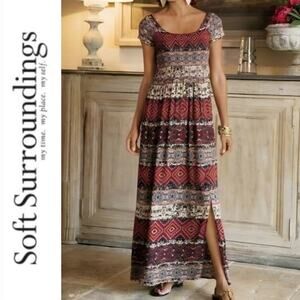 SOFT SURROUNDINGS Macelo Mixed Print Smocked Maxi Dress Slits Boho Fall Size M